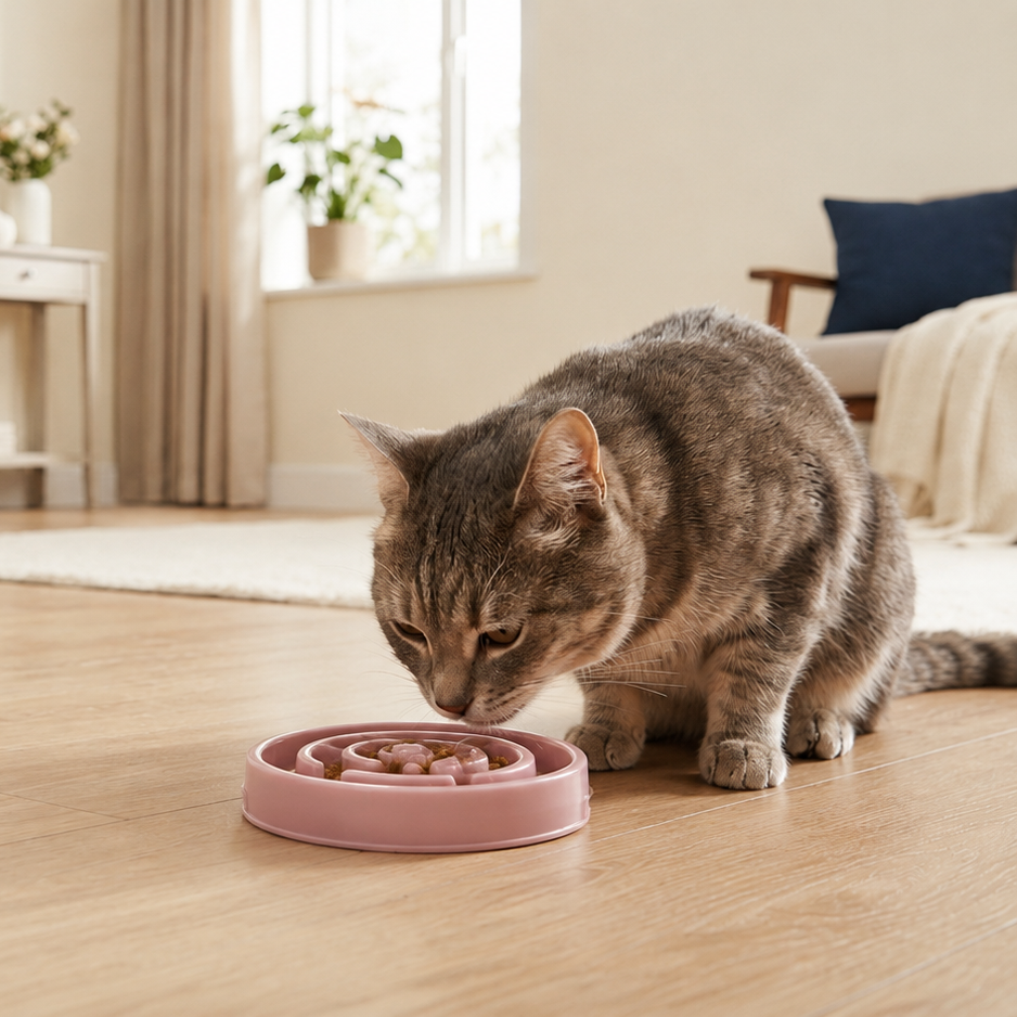 Cat eating from the Blush MIUVI Slow Feeder